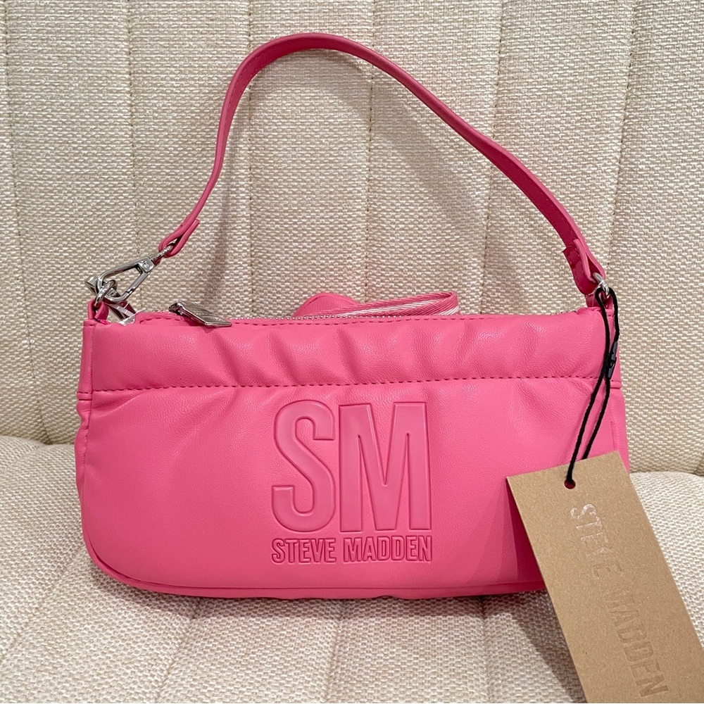 Steve Madden Pink Puffer Shoulder Bag with Crossbody Strap and Coin Purse NEW